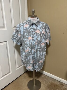 Men's Light Blue Short-Sleeve Flamingo Print Shirt